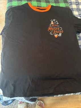 Women's Black Short Sleeve Tee with Orange Trim - Hocus Pocus Graphic